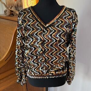Vintage Toppettes Black Gold Amber & Silver Sequin V Neck Blouse ~ XS/S